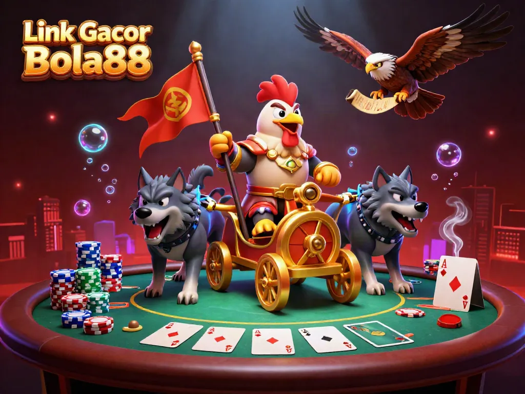 Experience excitement with Link Gacor Bola88 as a rooster warlord leads the action at a vibrant poker scene.
