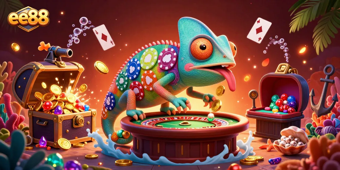 Play at ee88 and watch the chameleon casino owner snatch golden coins in an enchanting underwater scene.
