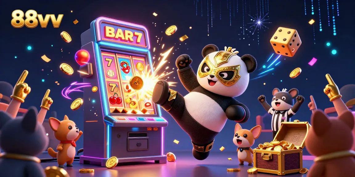 Experience the excitement of 88vv with a lively 3D wrestler panda and dazzling casino elements.