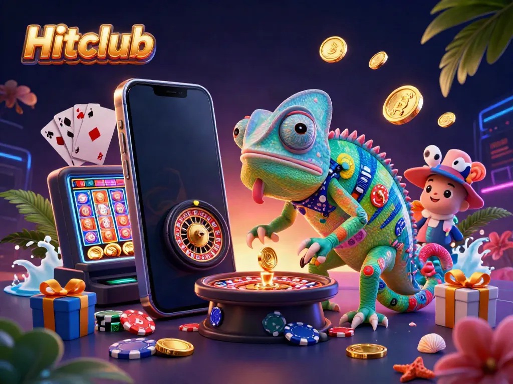 Experience the excitement of Hitclub with a vibrant 3D chameleon casino owner amidst thrilling casino elements.
