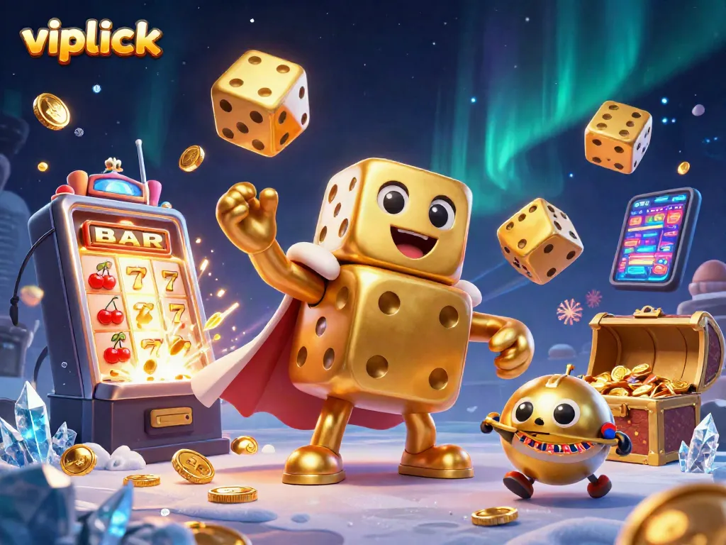Engage with vipluck's vibrant casino universe featuring a golden dice golem, jackpot explosions, and casino symbols.