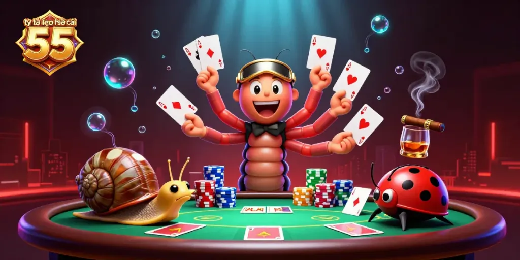 Experience the thrilling tỷ lệ kèo nhà cái 55 with an animated casino scene featuring diverse characters and poker elements.
