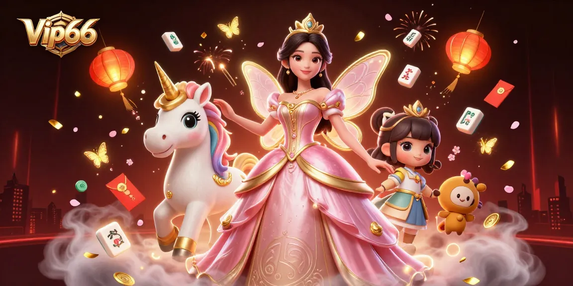Play and win at Vip66 with an enchanting 3D illustration of a glamorous woman and magical unicorn.