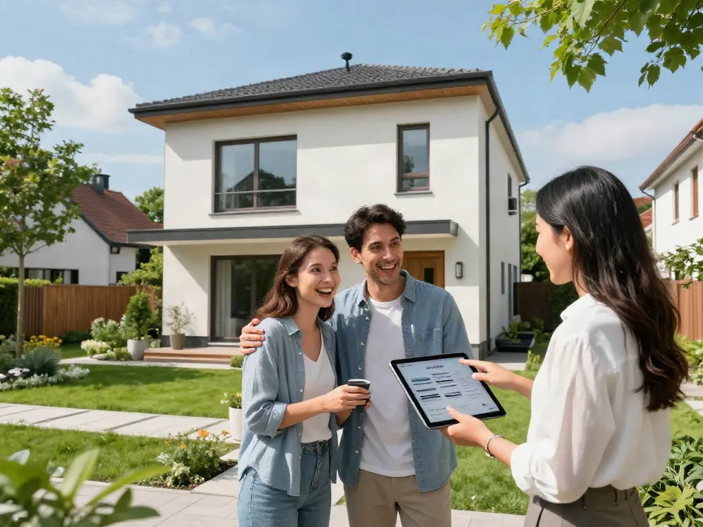 Bester Immobilienmakler Frankfurt zeigt modernes Wohnsitzpaar bei Besichtigung an.