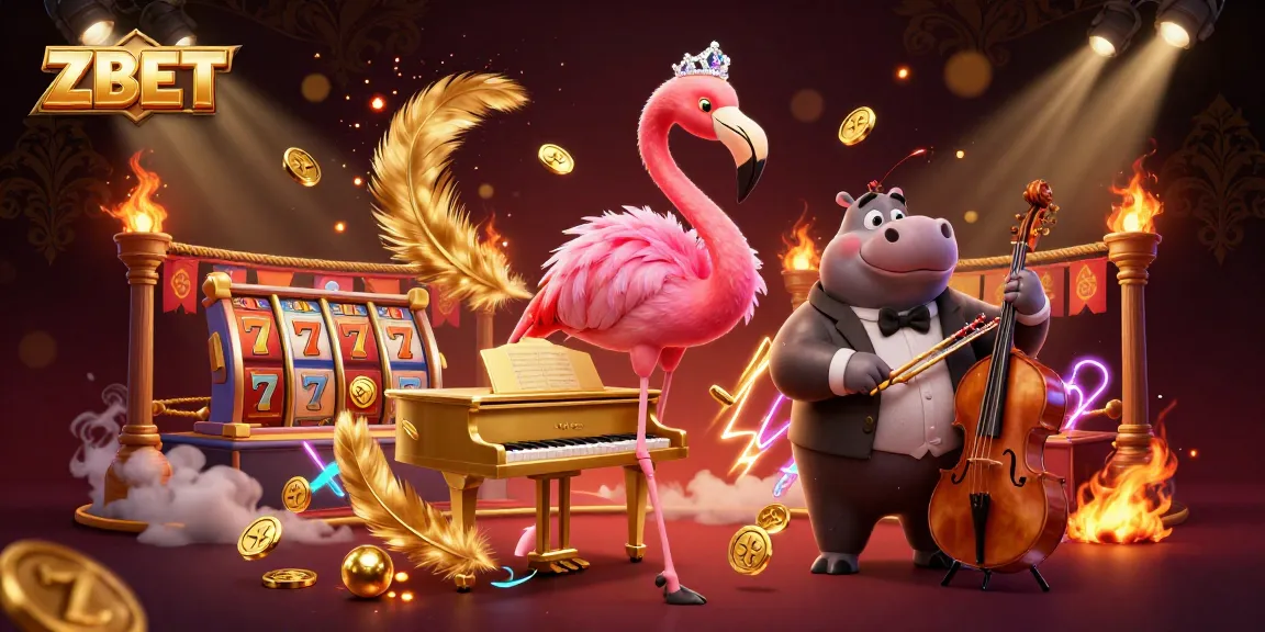 ZBET casino scene with a flamingo singer and hippo bassist surrounded by vibrant gambling elements.