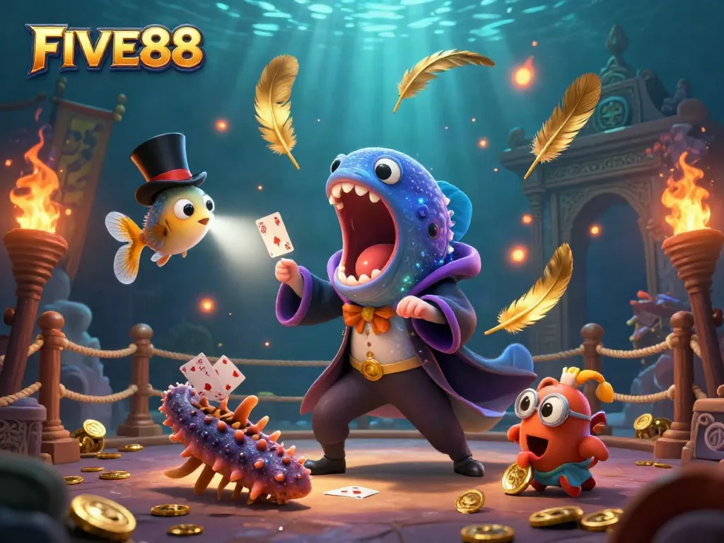 Performing thrilling card tricks and magic at FIVE88 underwater casino in a fantastical scene.