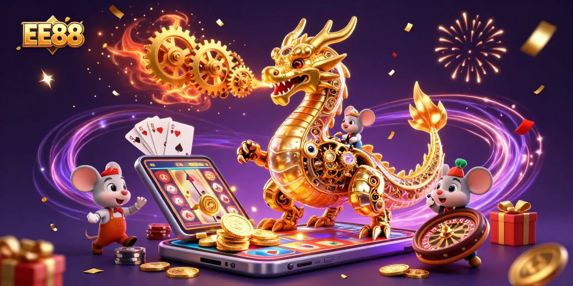 Experience the thrill of EE88 with golden dragon and vibrant slot games in this dynamic casino illustration.