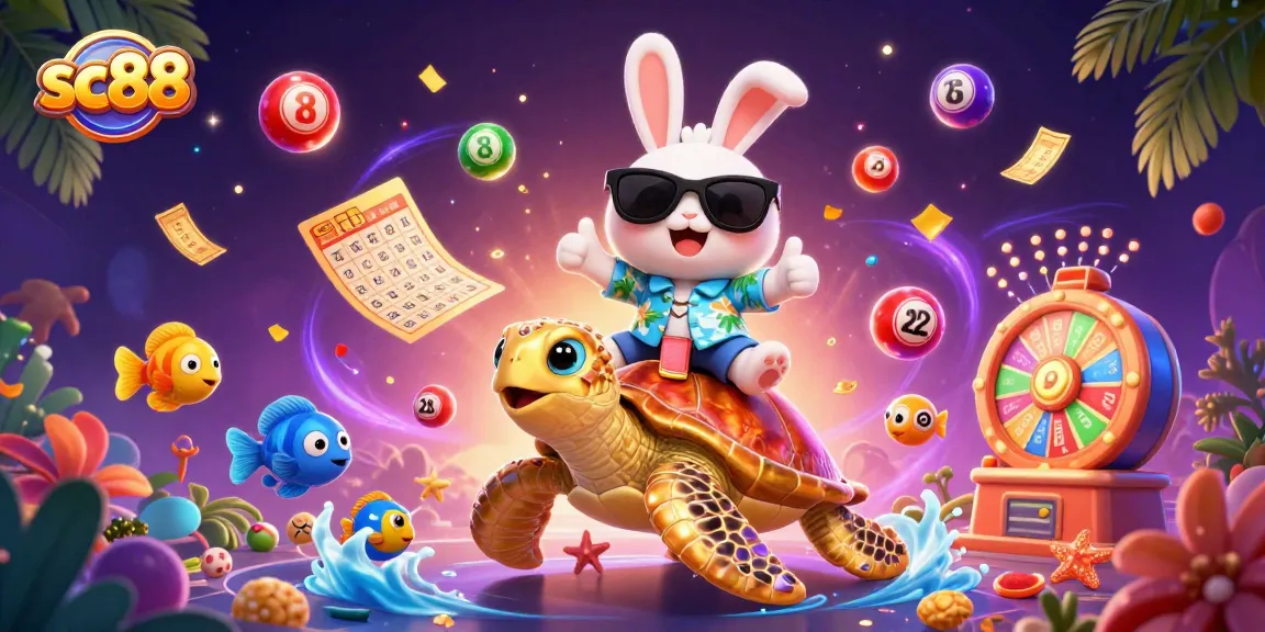 Join the fun with sc88 as the lucky rabbit and turtle celebrate vibrant lottery excitement!