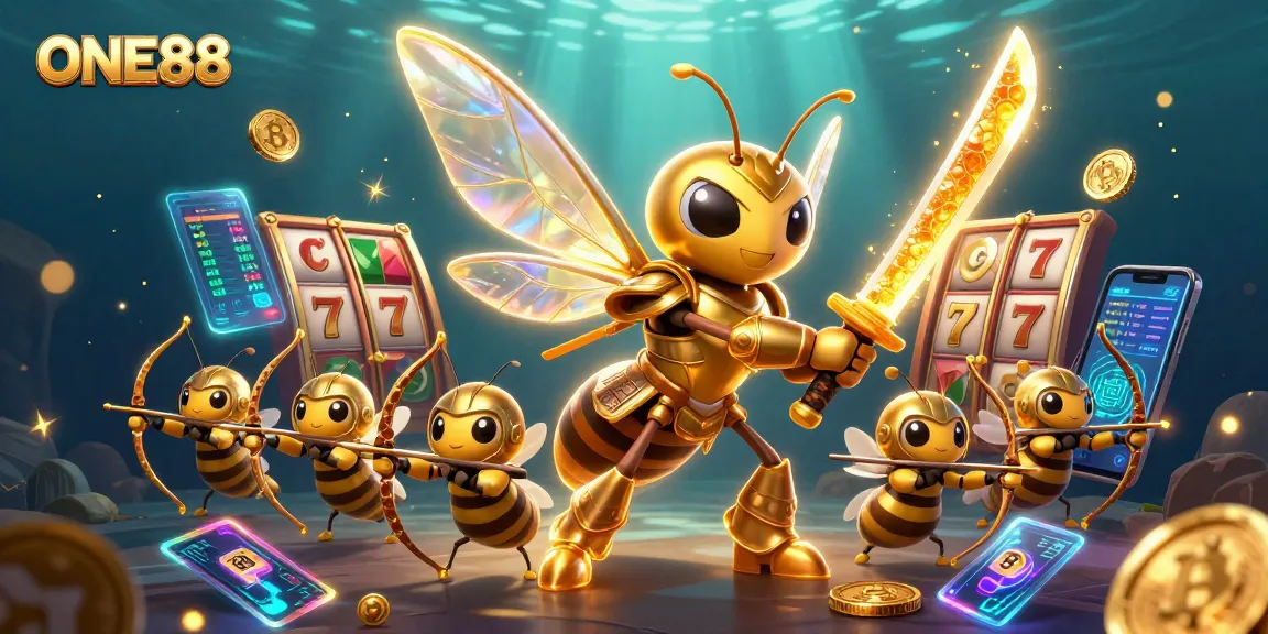 Engage with ONE88's thrilling gaming adventure as a giant hornet leads Bee Archers amidst vibrant slot reels and cryptocurrency.