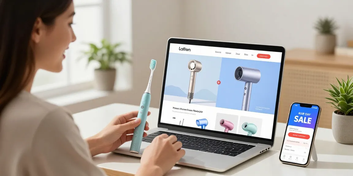 Laifen Deutschland: Moderne Online-Shopping-Szene mit der Laifen Wave Pro Zahnbürste und dem Neo Special Haartrockner.