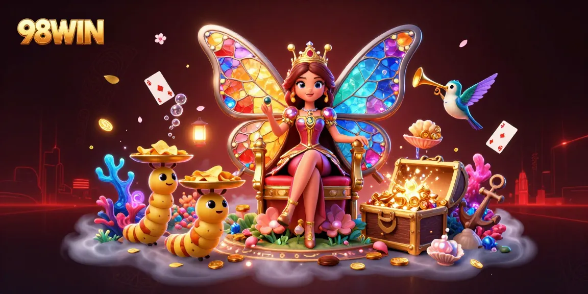 Experience excitement at 98WIN with vibrant slot games and treasures in this enchanting scene.