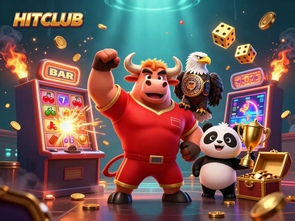 Experience HITCLUB's excitement with characters celebrating jackpots amid vibrant casino elements.