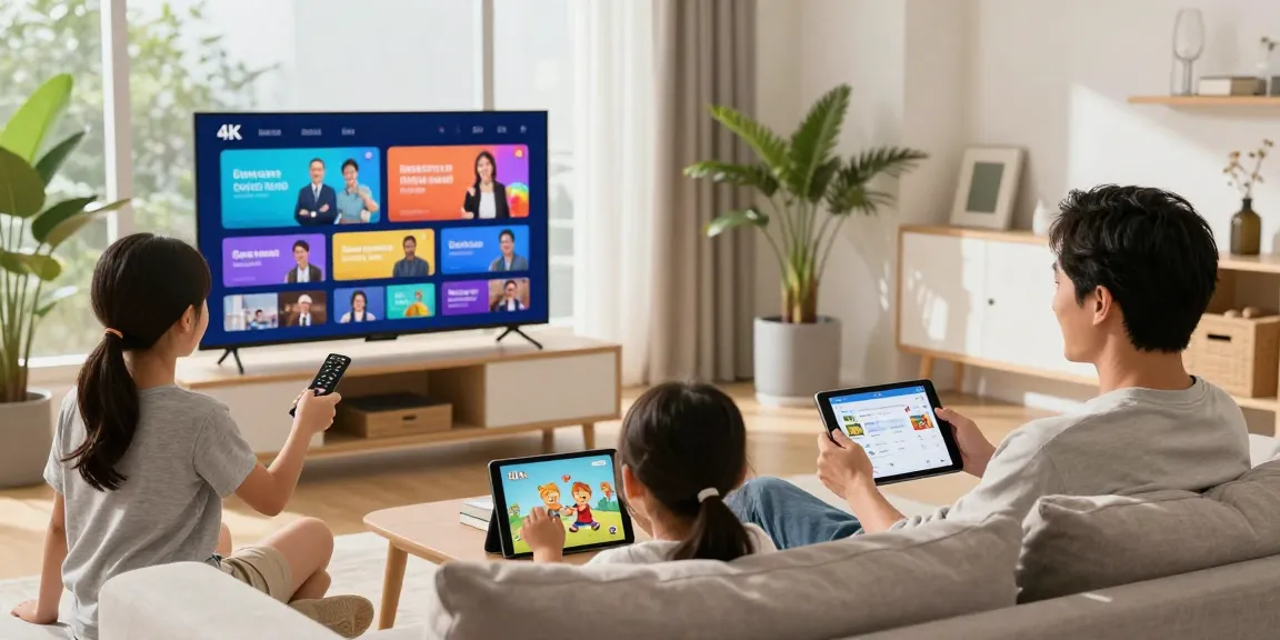 IPTV kaufen für die ganze Familie: Eltern und Kinder genießen 4K Streaming im modernen Wohnzimmer.