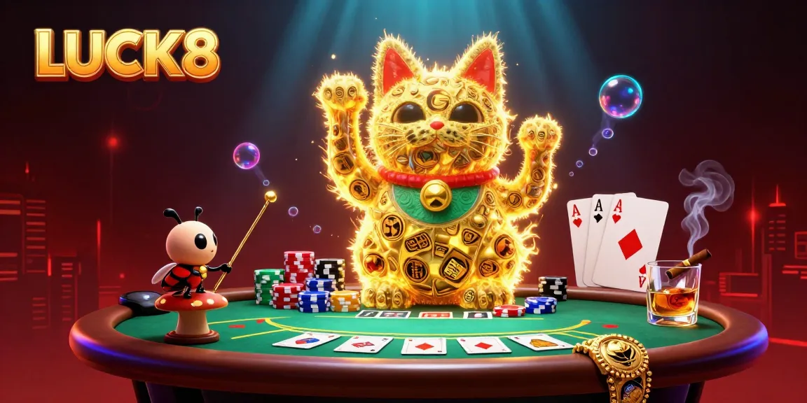 Experience the vibrant world of LUCK8 casino with a dazzling illustration of a lucky cat and poker scene.