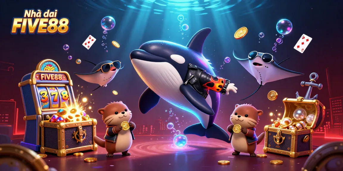 Engage with Nhà cái FIVE88 featuring a vibrant 3D animated scene of undersea characters promoting exciting casino elements.