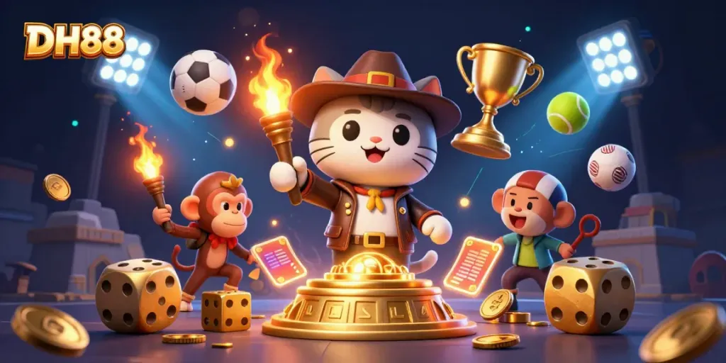 Dive into the excitement with DH88, featuring a cat explorer discovering a golden casino artifact amid vibrant sports-themed elements.