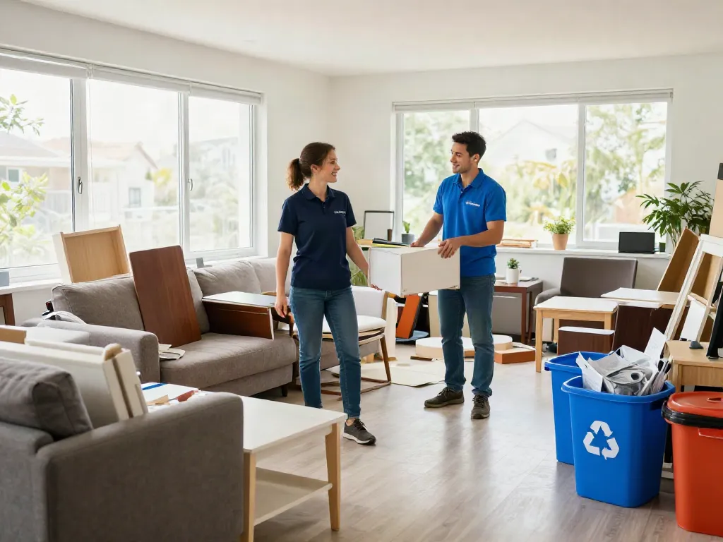 Professionelle Sperrmüll Entrümpelung Berlin mit freundlichem Service in unordentlichem Wohnzimmer.
