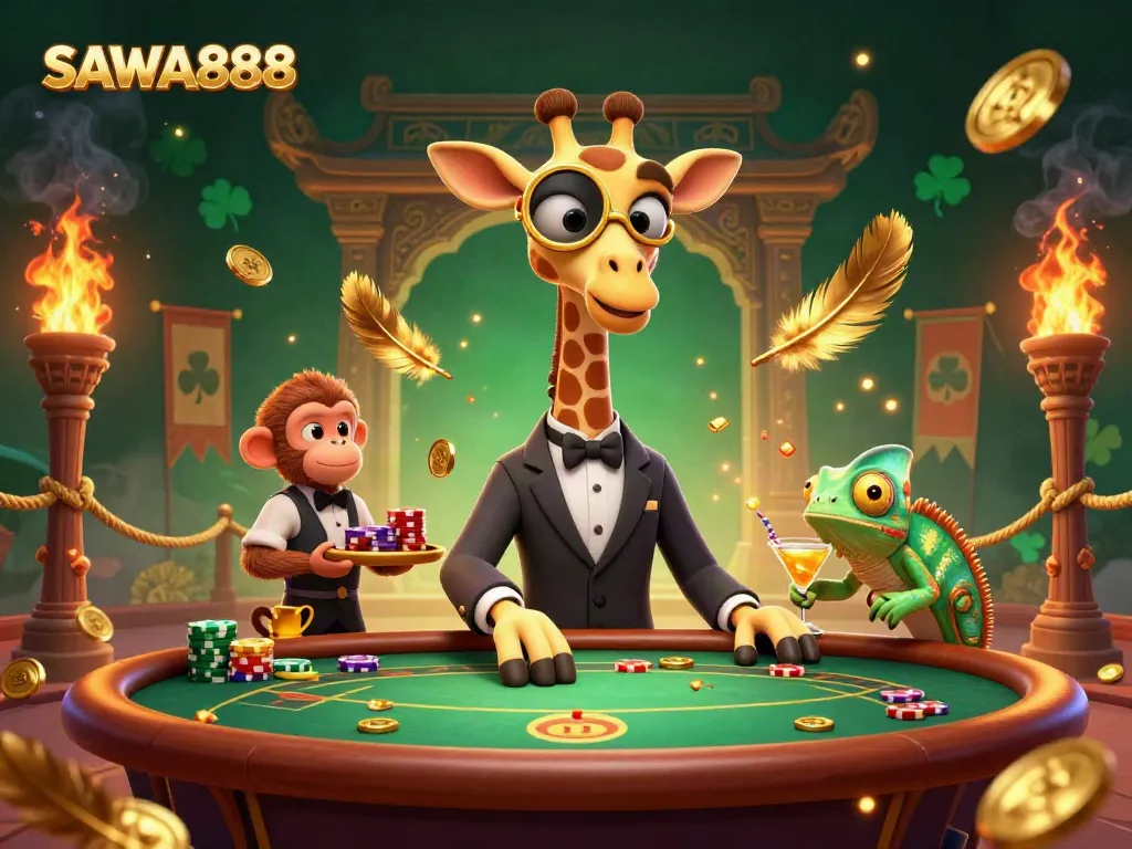Experience thrilling casino vibes with SAWA888 as a high-roller giraffe and friends enjoy a lively poker scene.