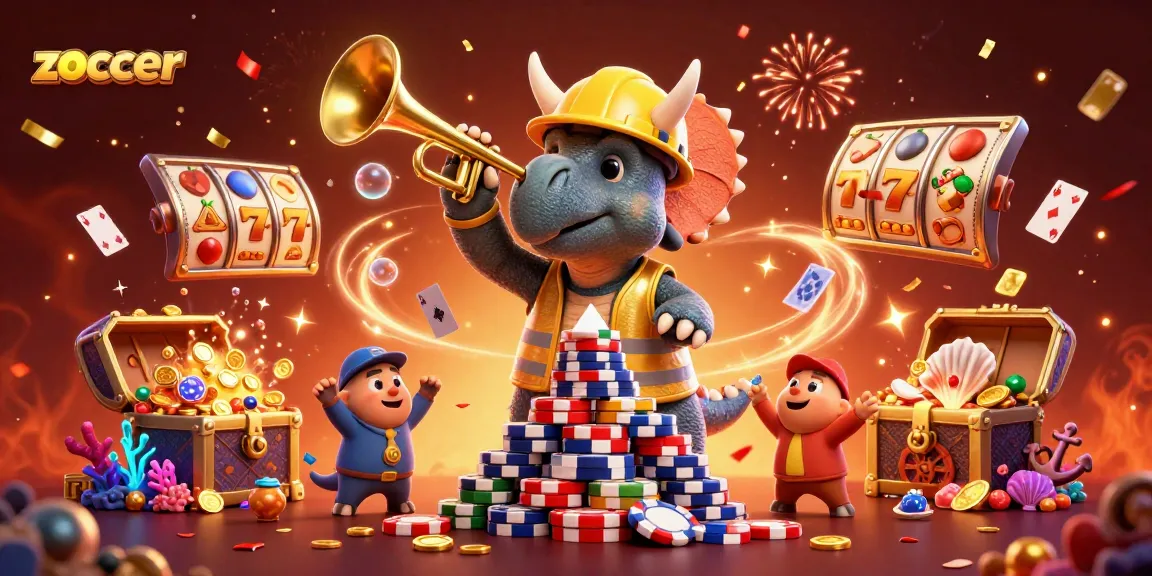 Zoccer casino illustration featuring a vibrant scene with dinosaur characters building chips and celebrating amidst dynamic gaming elements.