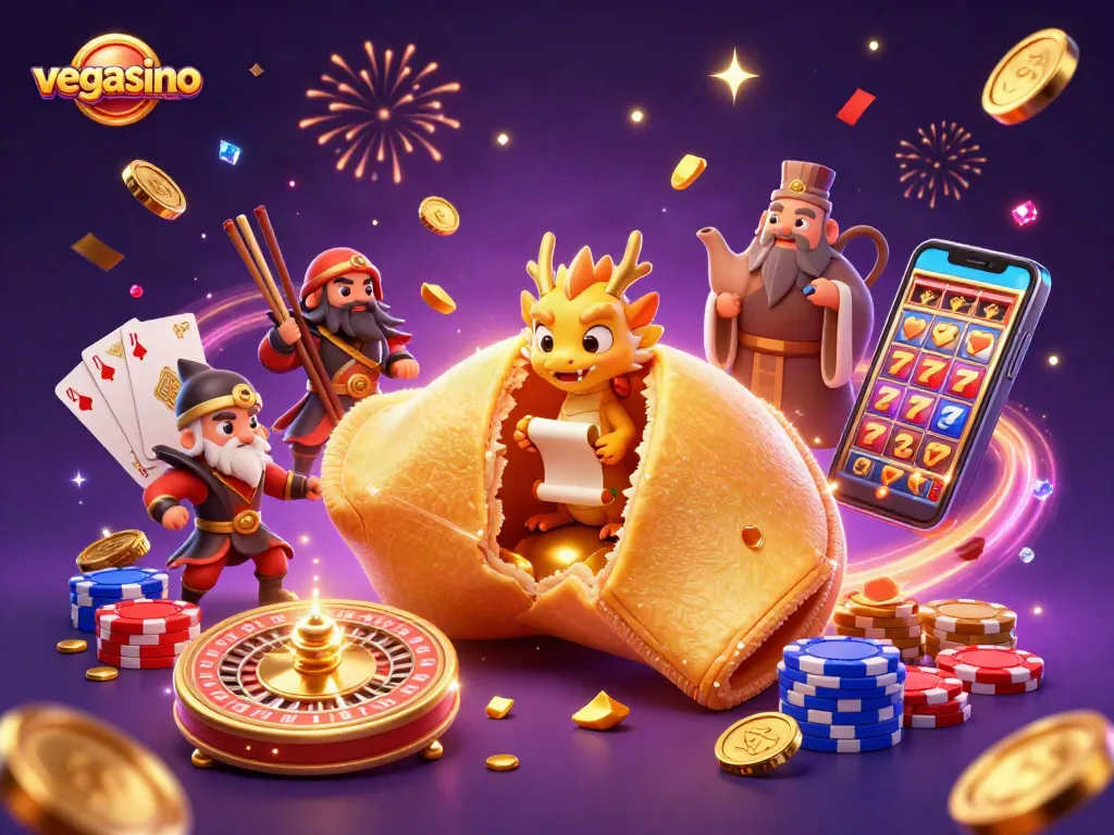 Experience exciting gameplay at Vegasino as a golden fortune cookie reveals hidden treasures amidst casino glamour.