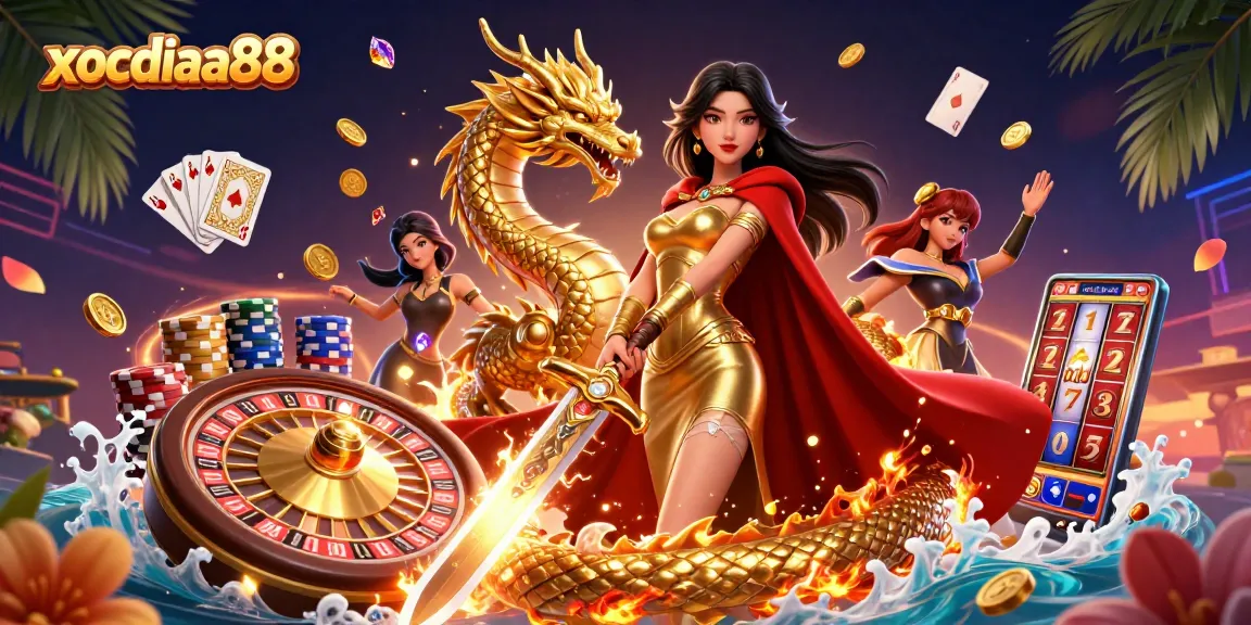 Xocdiaa88 showcases a dynamic online gaming scene with a warrior queen, golden dragon, and cascading coins.