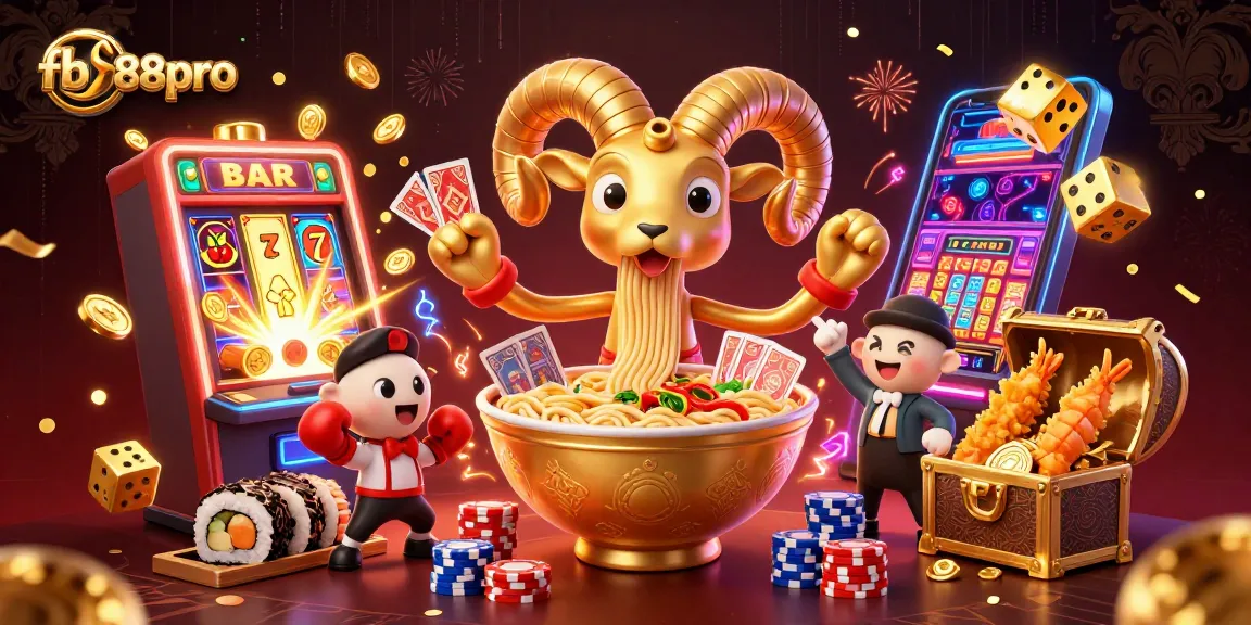 Watch the fb88pro casino scene with a golden ramen bowl dealer and colorful slot elements!