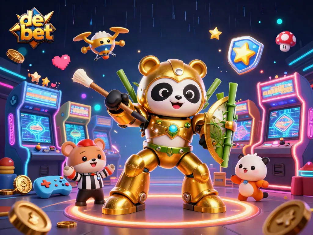 Experience the excitement at de bet with a dynamic 3D casino scene featuring a golden panda pilot.