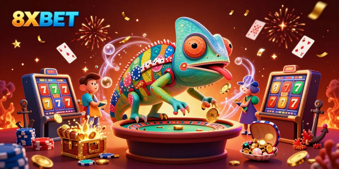 Experience the excitement of 8XBET with a vibrant 3D casino illustration showcasing risk and rewards.