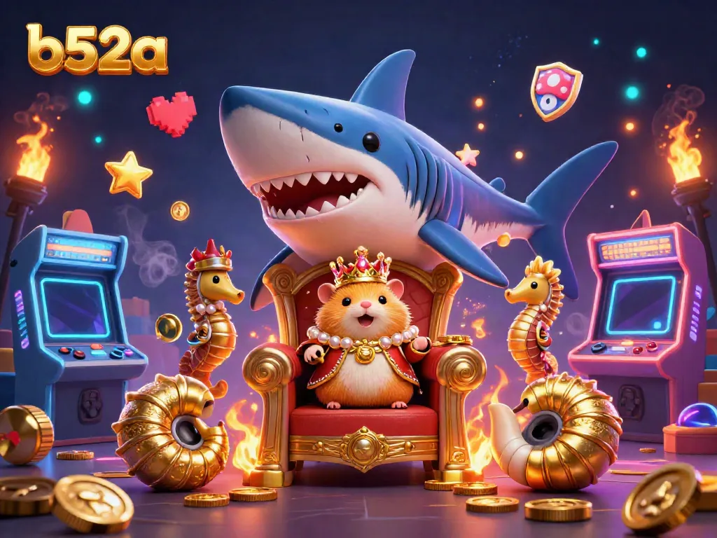 Experience thrilling gameplay at b52a with vibrant arcade machines and a cartoon hamster king.