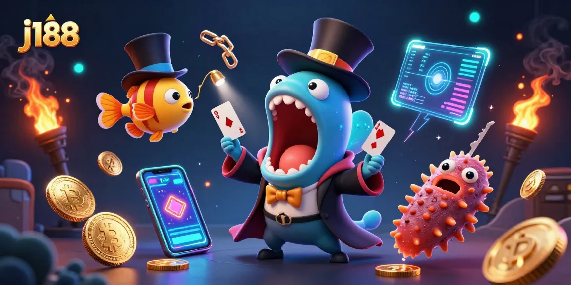 Bet on j188 with a magical underwater casino scene showcasing crypto elements and card tricks.