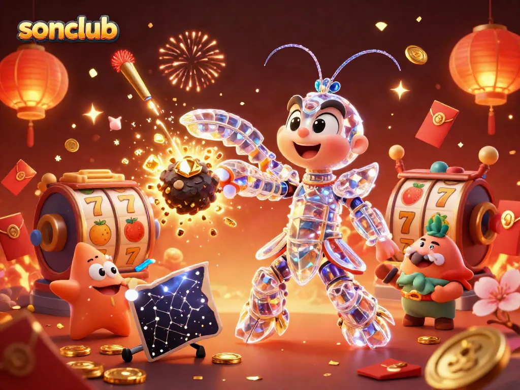 Engage with sonclub's thrilling slot adventures featuring dynamic characters amidst a burst of colorful casino elements.